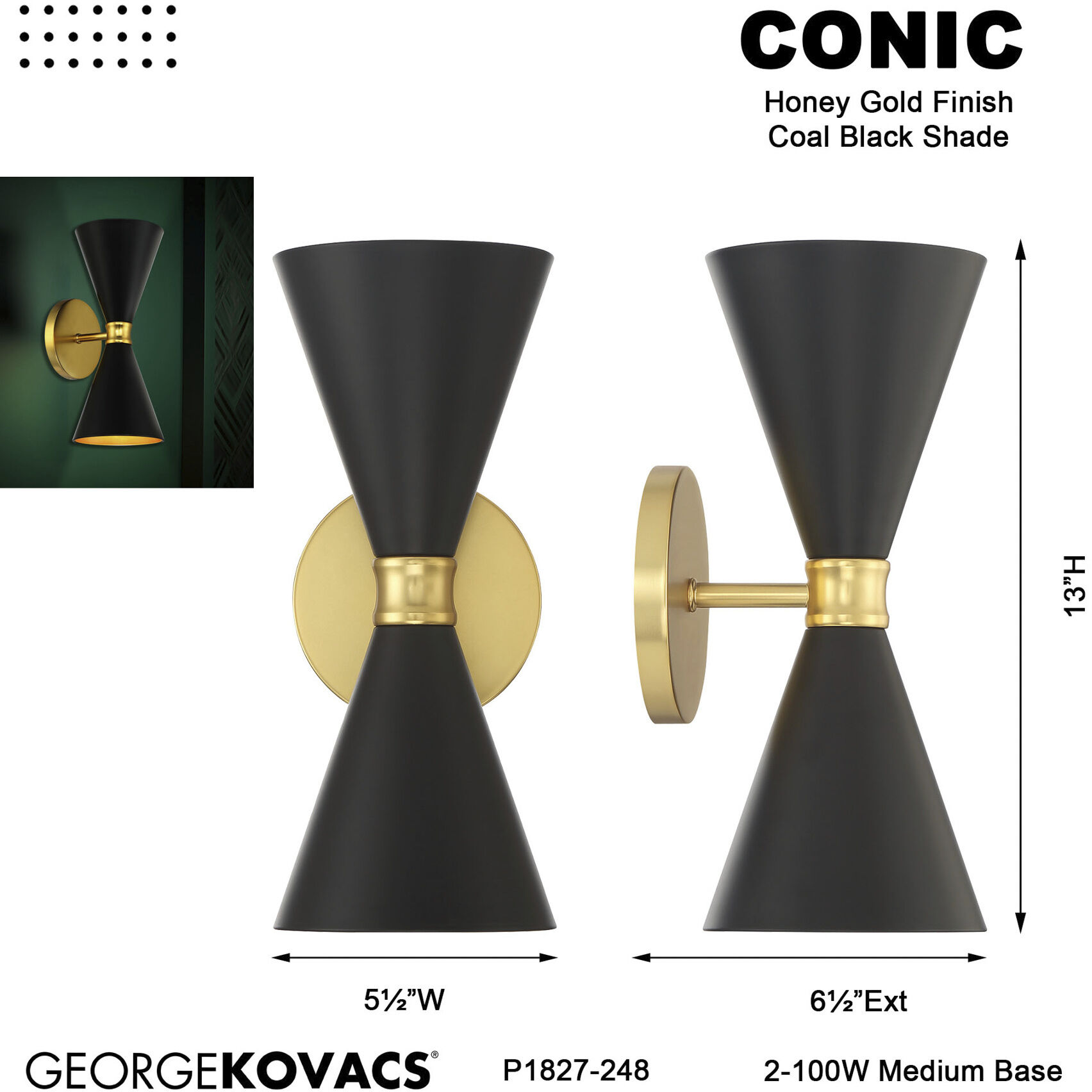 Conic 2 Light 5.5 inch Honey Gold Wall Sconce Wall Light